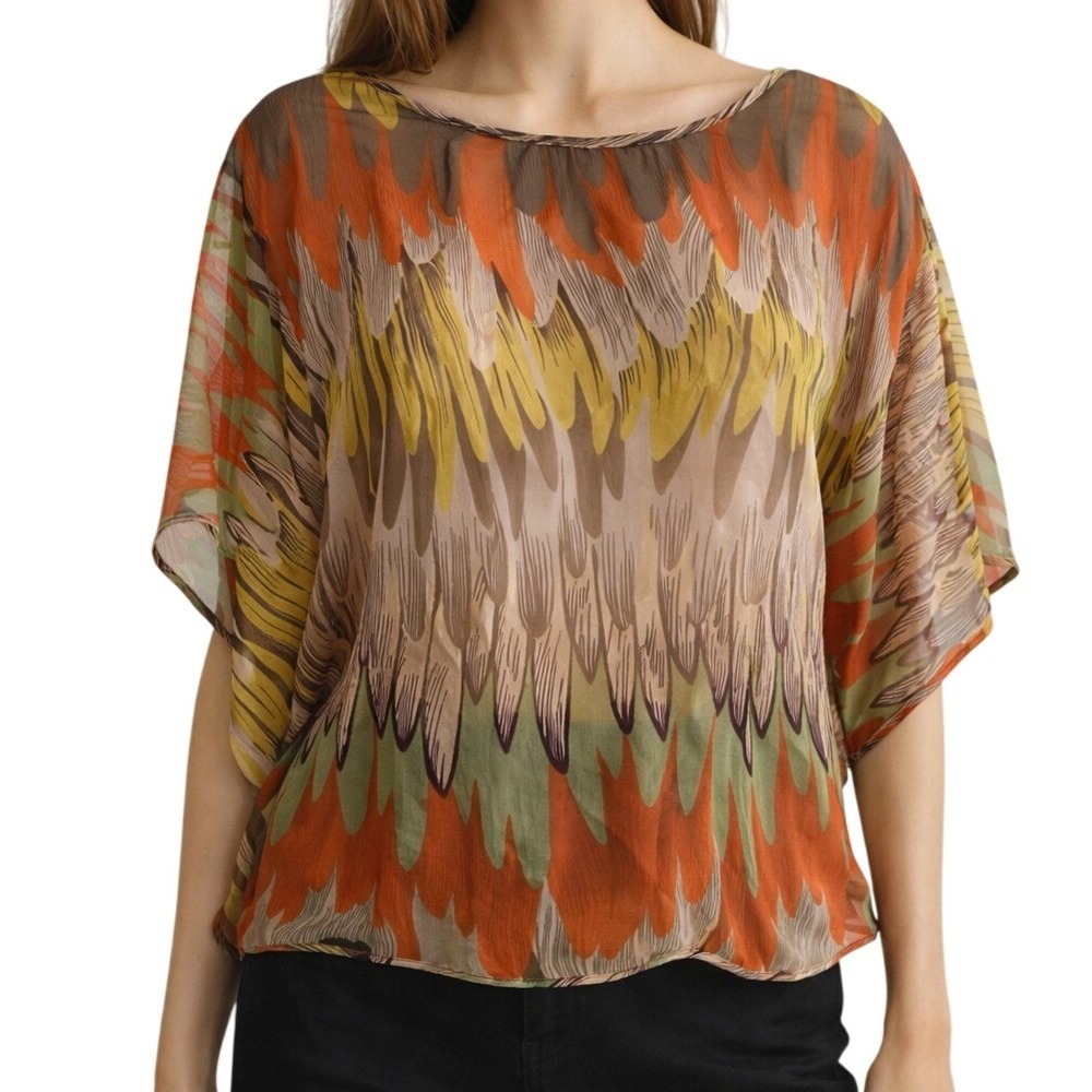 Subtle Luxury Womens 100% Silk Abstract Feather Print Flutter Sleeve Blouse XS/S